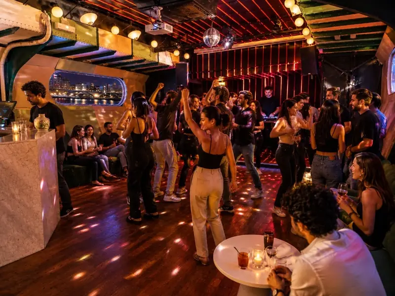 La piste de danse remplie, boule à facettes et lumières rouges