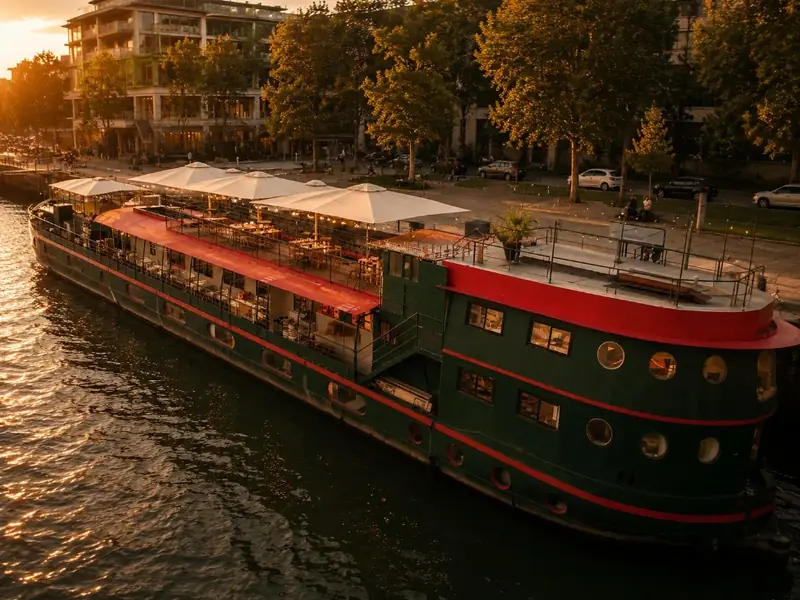 La péniche Playtime amarrée quai d'Austerlitz, au coucher du soleil