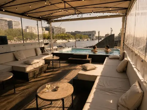 La terrasse couverte et ses banquettes, le bassin de la piscine au fond