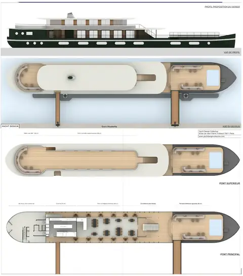 Plan du bateau situant les espaces privatisables, niveau par niveau