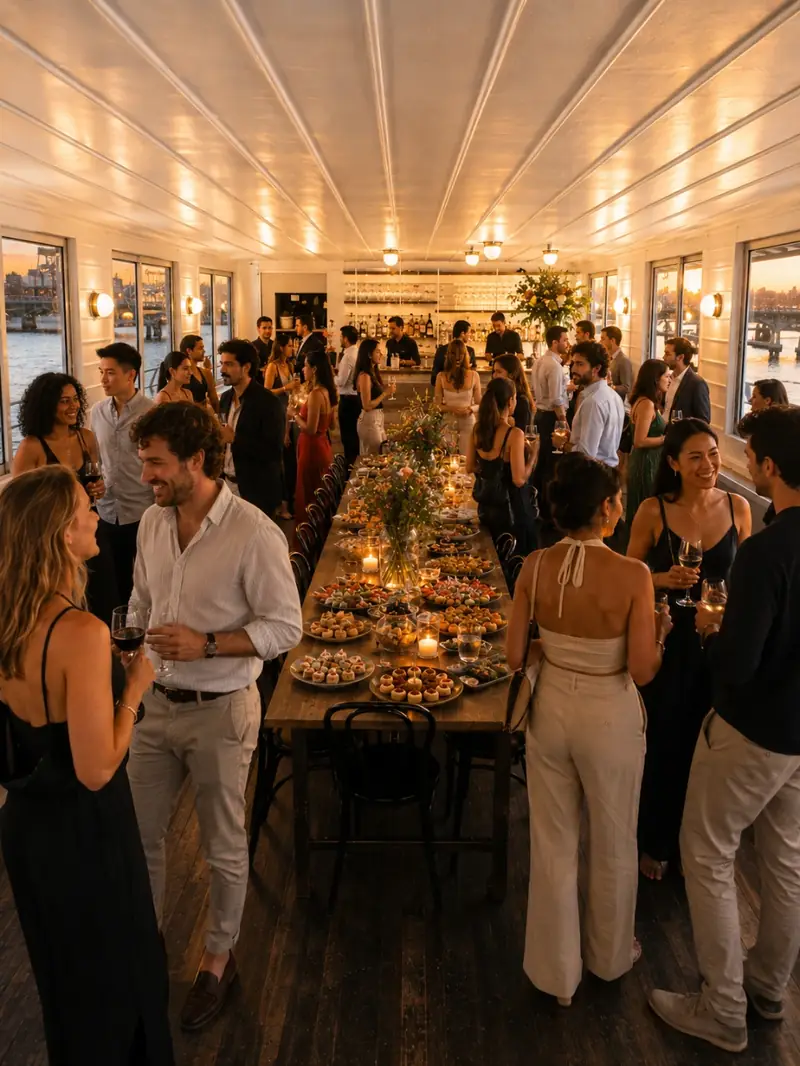 Buffet dressé dans la salle, invités en train de se servir