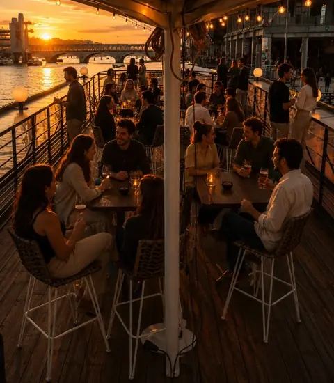 Invités attablés sous les lumières chaudes du toit-terrasse, le soir